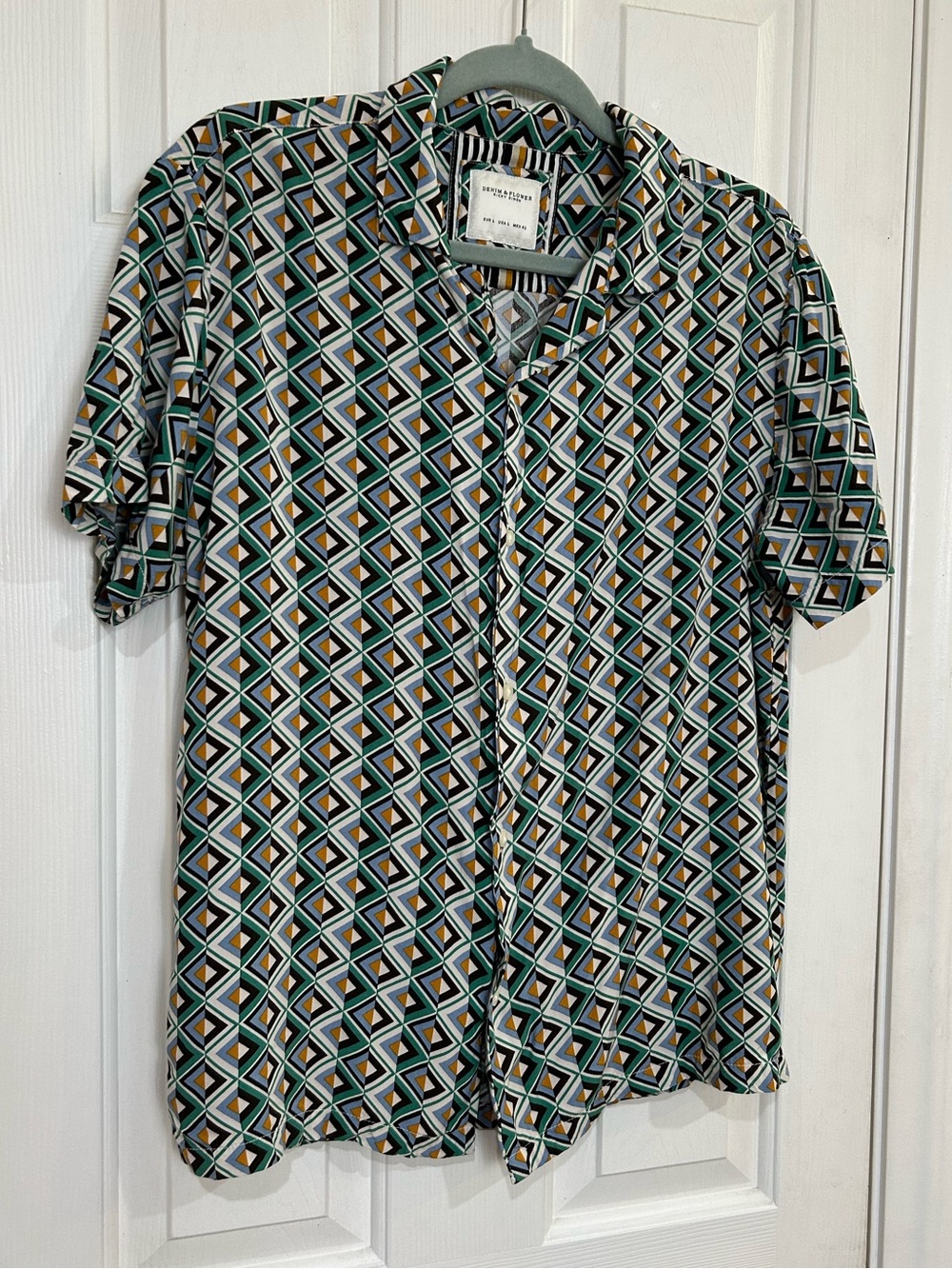 Denim & Flower Ricky Singh Geometric Print Short Sleeve Button Down Shirt Size L